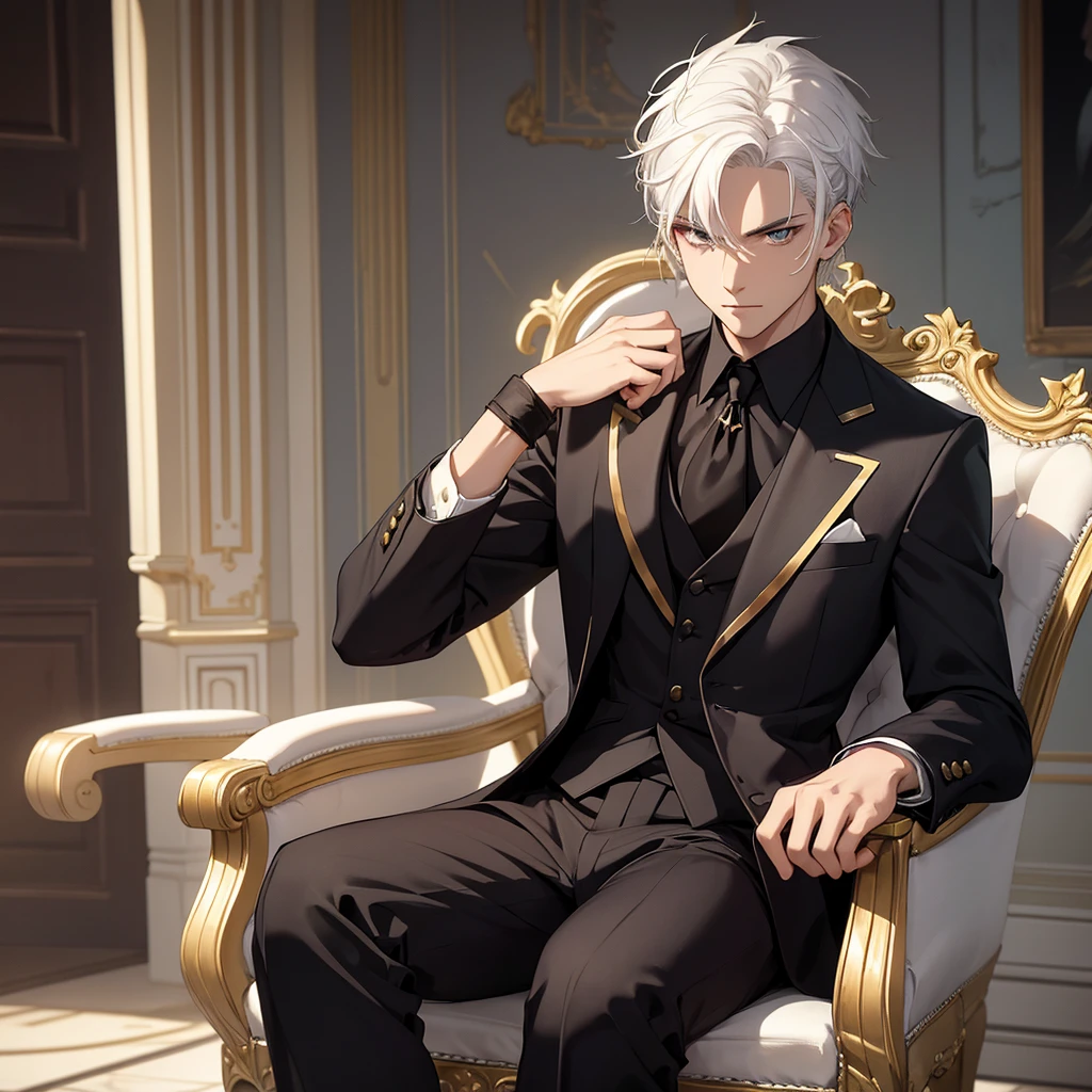A young man. Has white hair and gold eyea. Wearing a black suit. Sitting down on a chair.