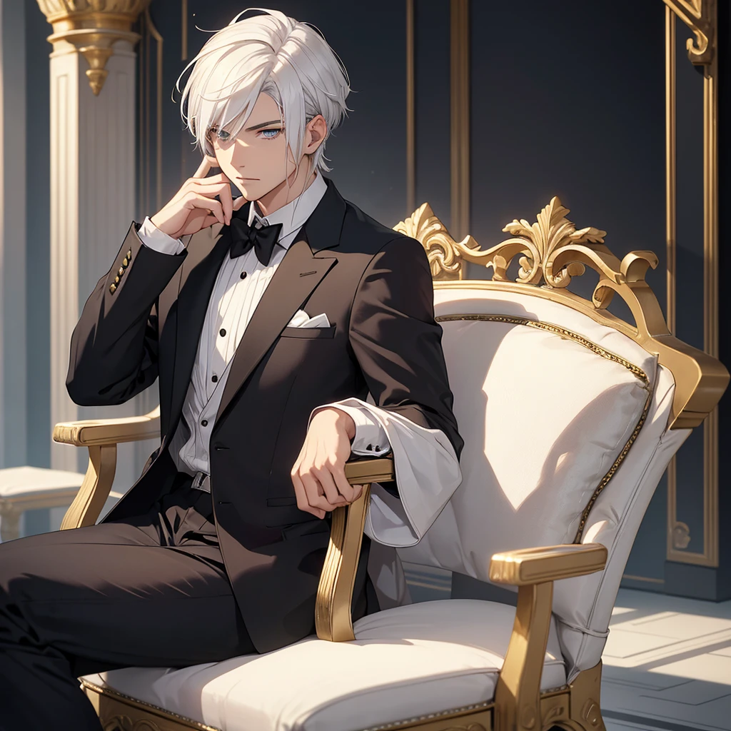 A young man. Has white hair and gold eyea. Wearing a black suit. Sitting down on a chair.