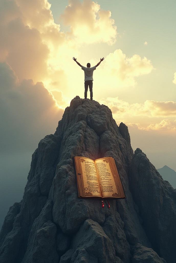 Imagine a person standing on a rocky mountain peak, arms outstretched and eyes lifted towards the sky. Beneath their feet, a subtle image of a Bible or a scroll is embedded in the rock, symbolizing the promises of God. The person's stance conveys confidence, hope, and trust.