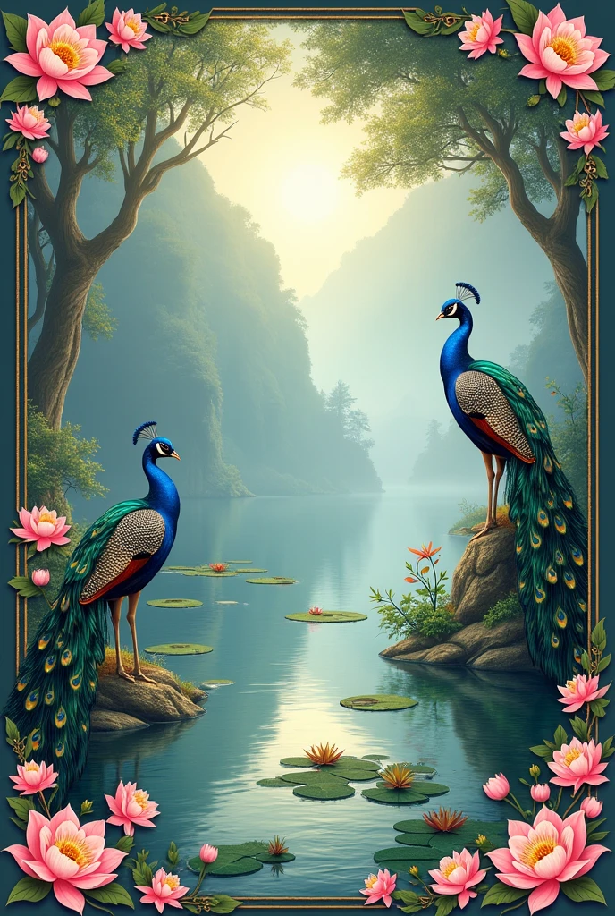 Borders with peacocks and at a right corner insert small radha and krishna picture in white dresses with calf and peacocks around and also add lotus  and lake 