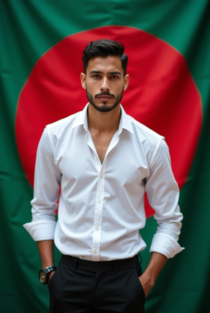 A Bangladesh flag full background and a handsome slim guy wearing white lose frees shirt with black trouser standing after that background from close