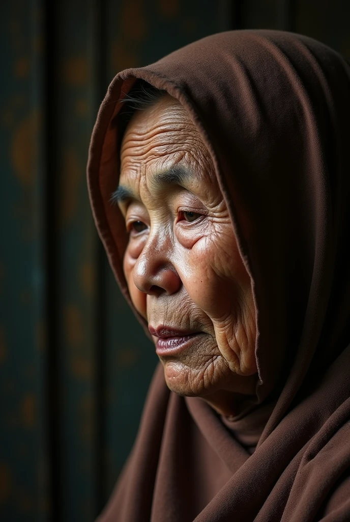 movie poster style, big text at below "HARAPAN", side view shot, closeup potrait of an old malay lady, wearing shabby cloths and brown hijab, facing camera, sadly, profesional photo, very realistic, very detailed, super ultra fidelity photo, studio wooden background