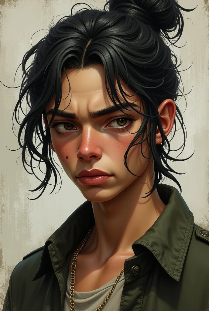 A woman, thirty two years old, with soulless brown eyes and short hair brown, with military uniform, small nose and perfect lip. she have a soldier and war background, run makeup, perfect brown eyes and little blood in her face, white skin, full body