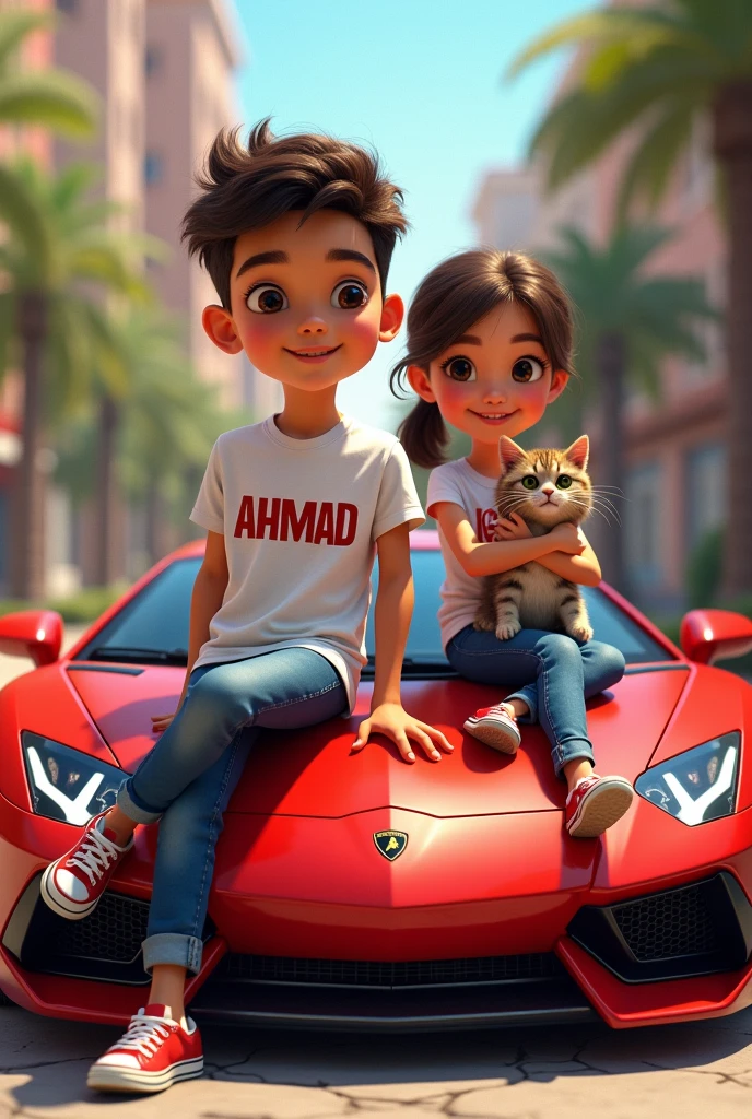 A boy named Ahmad on t shirt siting on red colour Lamborghini car and a girl named shazi wrote on her t shirt with pet cat on her arms