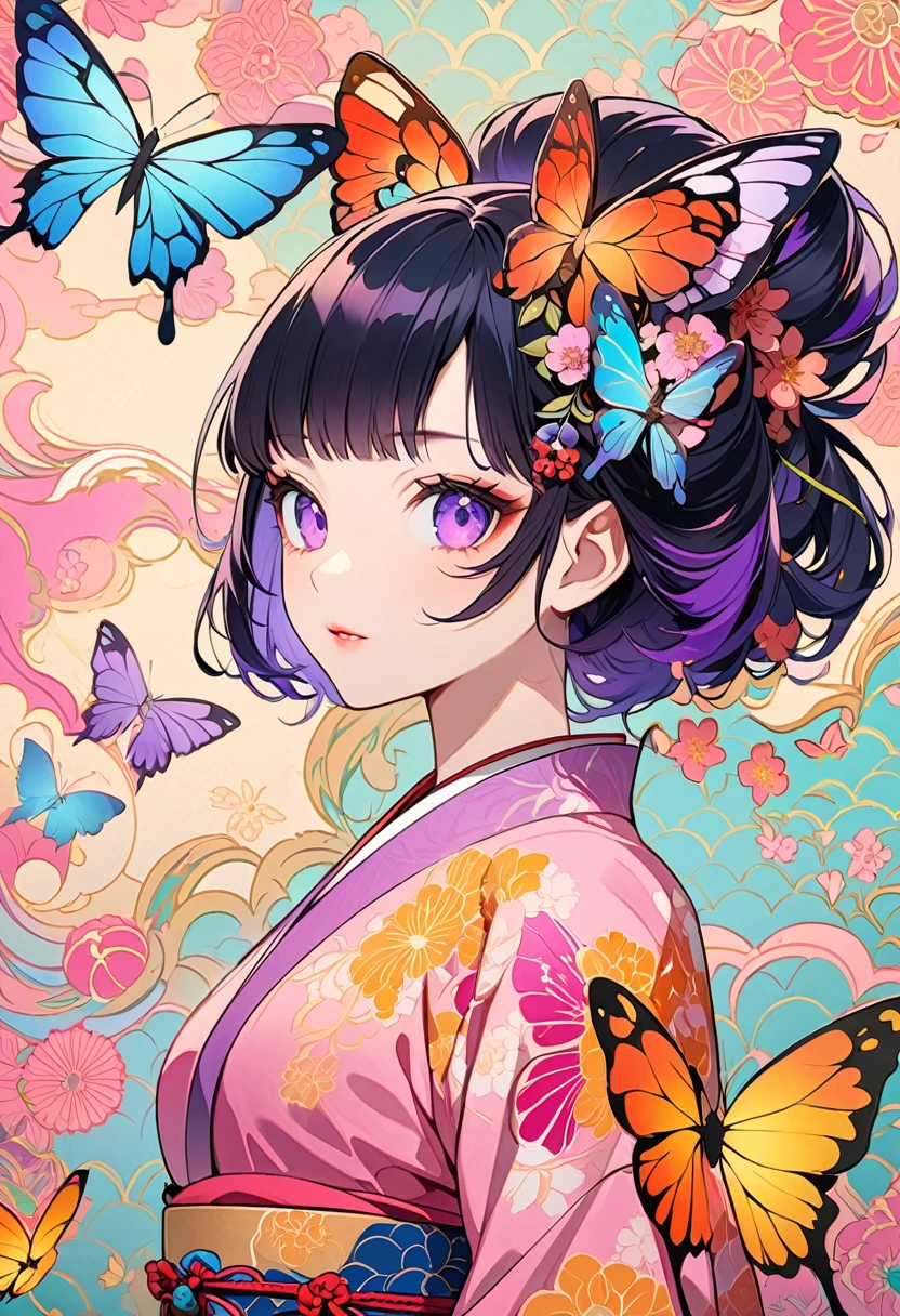 A mesmerizing surreal illustration of a young japanese woman resembling Shinobu Kouchou. She has black hair, purple eyes, a butterfly hair ornament, and wears a vibrant pastel colored outfit adorned with intricate floral patterns. She has a smooth, warm complexion, and bold, colorful tattoos cover her arms and legs. The tattoos feature traditional Japanese motifs like flowers and mythical creatures, rendered with meticulous detail in a pastel color palette. The background is a vintage floral-patterned wallpaper that complements the artwork's colors. The line work is precise, with delicate shading that gives the illustration a 3D quality. The artwork fuses modern illustration techniques with traditional Japanese aesthetics, resulting in a visually striking, portrait, Shinobu_Kocho, butterfly_hairpiece, multicolored_hair, purple_hair, black_hair, medium breasts, slender, arms behind back, 
