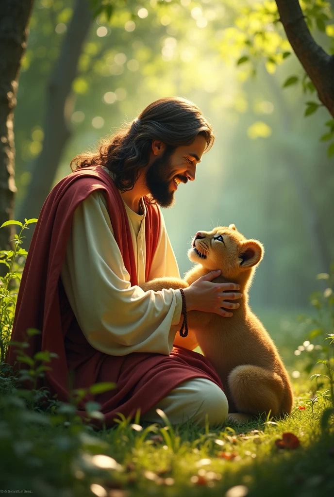In a lush green forest, Jesus stands smiling and facing forward as he kneels down to pet a playful lion cub. The cub's fur is vividly detailed, and Jesus’s joyful expression is perfectly captured in hyper-HD quality, with sunlight dappling through the leaves."