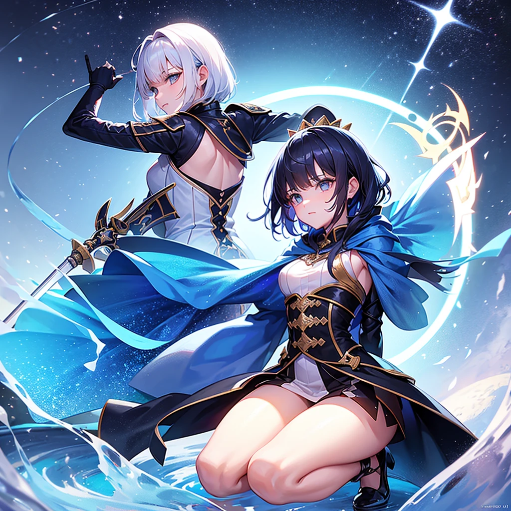Blue Hair。Silver Eyes。Short hair。Fantasy Clothing。Swordsman。Beautiful hair ornaments。
