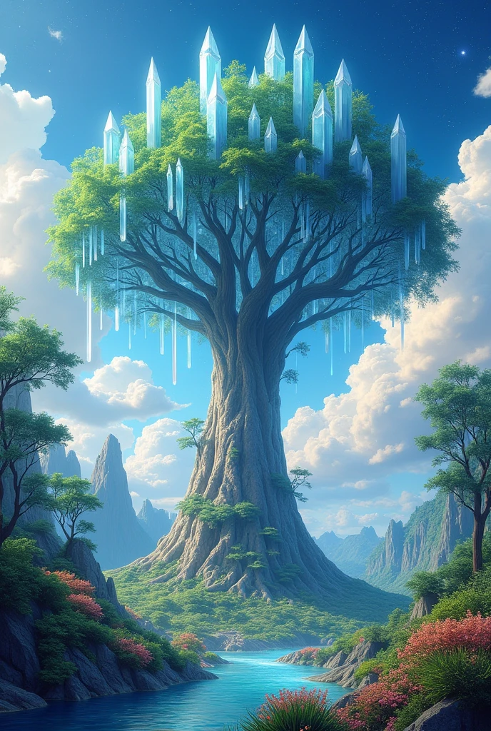 Illustration of a hyperrealist.. , from another world, Ultrasky scene showing a full-size giant crystal tree,Very detailed and magical lighting., intricate details of the forest, vegetation and river around, Solarpunk ,landscape, giant tree, Beautiful leafy with beautiful lighting and realistic proportions., as if it were a cinematic background, 8k, Of the highest quality, masterpiece, clouds and stars in the sky.