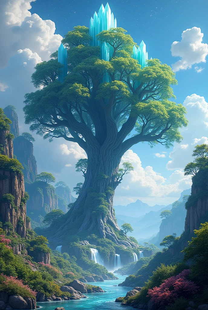 Illustration of a hyperrealist.. , from another world, Ultrasky scene showing a full-size giant crystal tree,Very detailed and magical lighting., intricate details of the forest, vegetation and river around, Solarpunk ,landscape, giant tree, Beautiful leafy with beautiful lighting and realistic proportions., as if it were a cinematic background, 8k, Of the highest quality, masterpiece, clouds and stars in the sky.