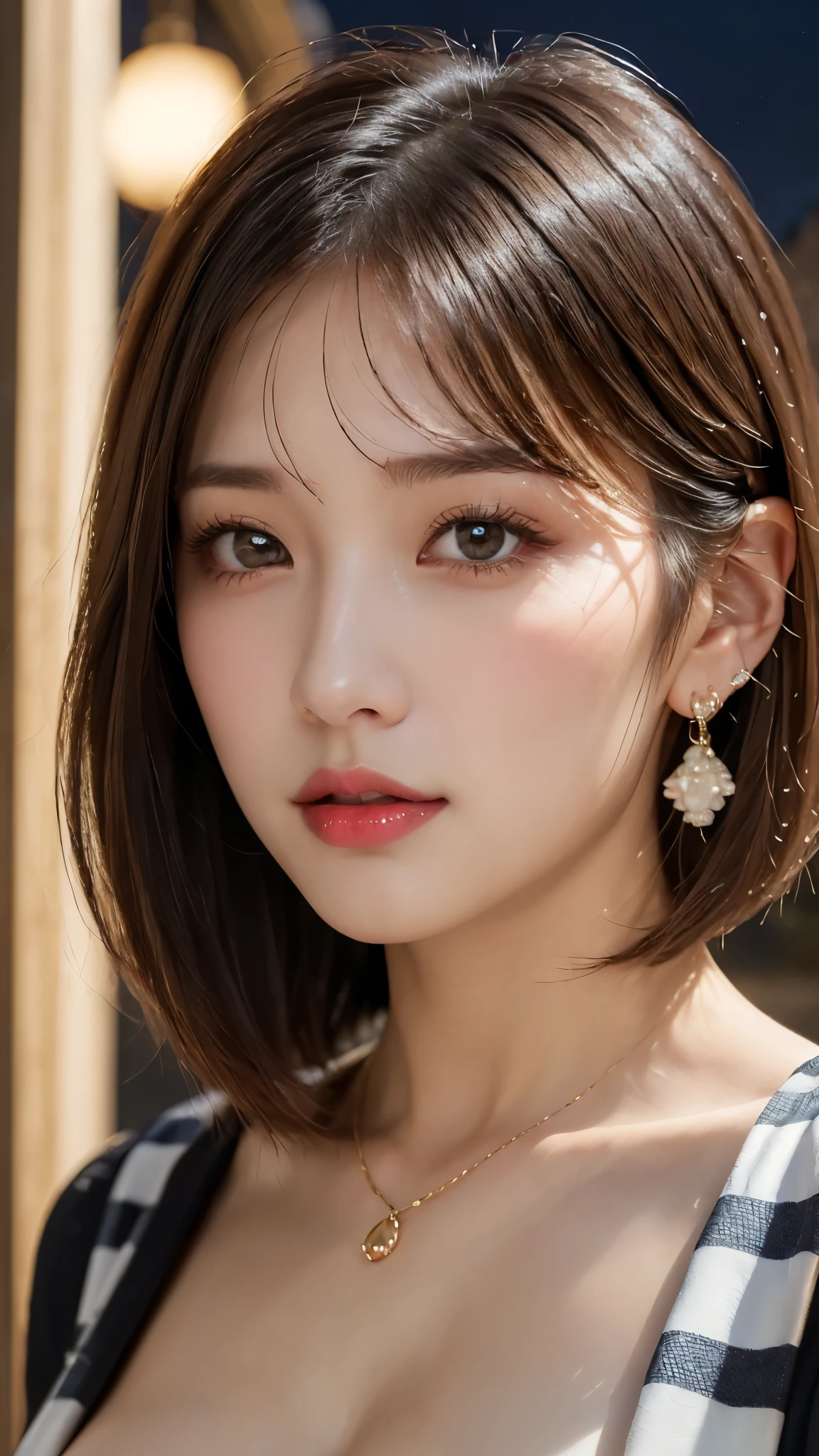 (Photorealistic, 32k, RAW photo, best quality:1.4), (masterpiece:1.3), (ultra high resolution, ultra realistic, highly detailed, golden ratio, ultra detailed), 1 beautiful woman, natural makeup, intricate cloth texture, finely detailed hair texture, beautiful full-body, perfect female form, anatomically accurate, highly detailed face and skin, (elegant hands), (realistic skin), (beautiful pale skin:1.1), (extreme close-up:2.0), (Oversized Breasts), (Wearing Blue and white check Party Dress:1.5), (Tiara, Earrings, Pendant),
BREAK,
realistic eyes, captivating detailed eyes, symmetric eyes, light brown eyes, double eyelids, thin eyebrows, (glossy lips:1.4), (kissable expression, blush:1.3),
BREAK,
((short bob cut, dark brown hair, bangs:1.2)), (Late Night, Moonlit night, Castle balcony:1.3)