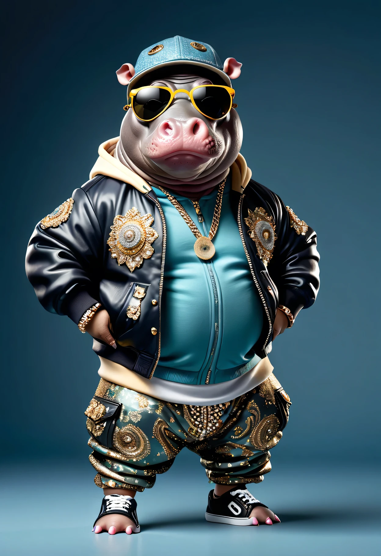 photorealistic portrait of Dressed animals - a ((fat)) baby (hippo) hip hop dancer,(hands on hips:1.5), high quality,(lovely) ,intricate details, highly detailed ((hip hop fashion)) ,(wearing sunglasses:2.0), cap, sneakers,(wearing a jacket and hoodie) ,highly detailed decorations, wearing sunglasses, (happy), studio lighting,(full body image:1.5)