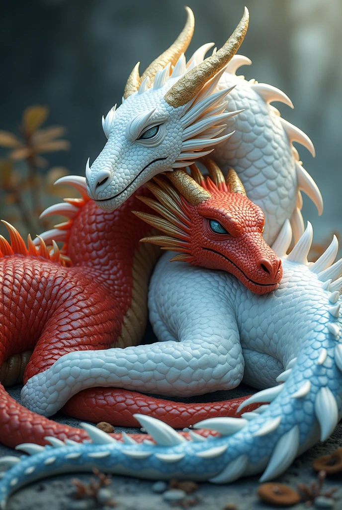 two dragons, One red with gold and the other white with blue, the red one is a little smaller than the white one, The white one has his head on top of the other one and they are both sleeping