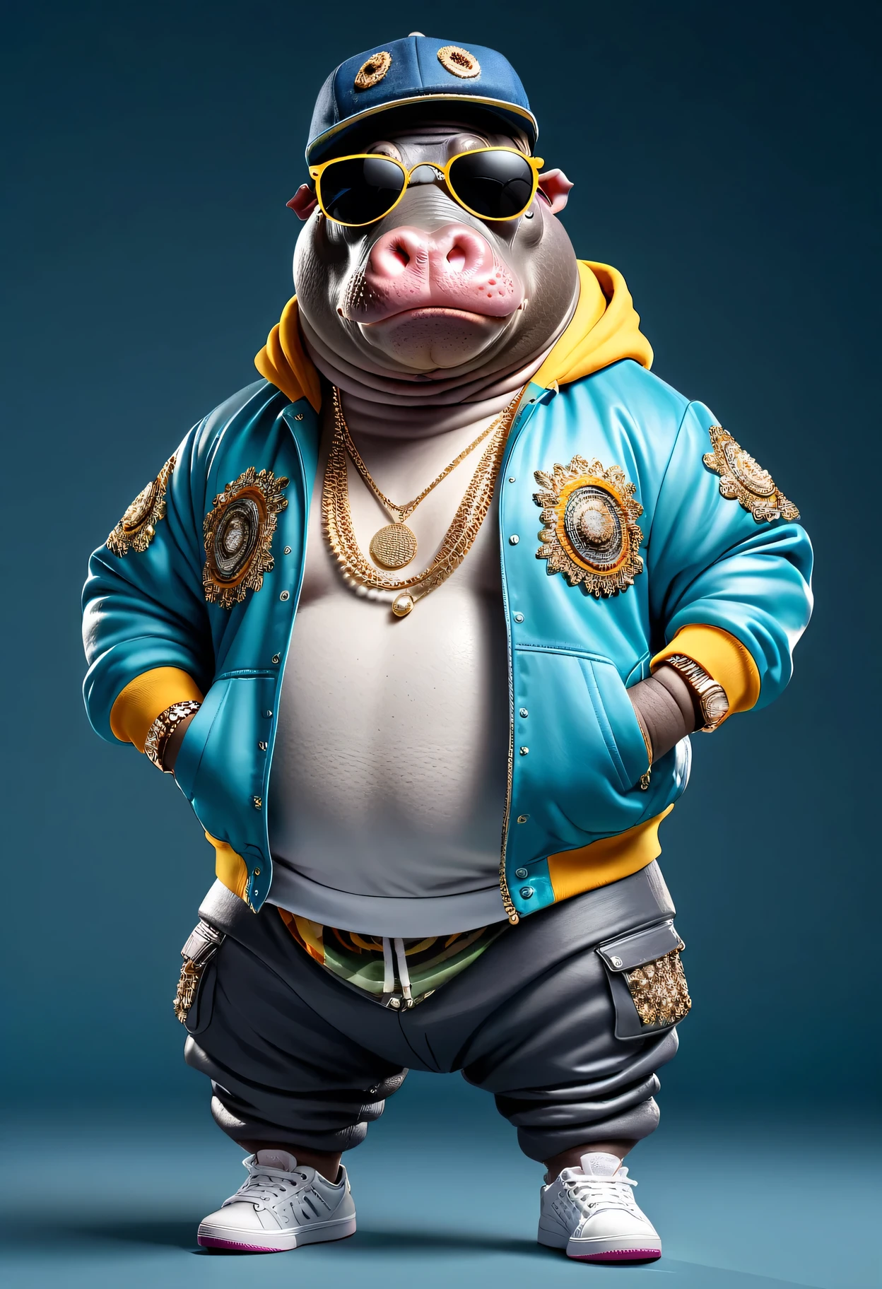 photorealistic portrait of Dressed animals - a ((fat))  (hippo) hip hop dancer,(hands on hips:1.5), high quality,(lovely) ,intricate details, highly detailed ((hip hop fashion)) ,(wearing sunglasses:2.0), cap, sneakers,(wearing a jacket and hoodie) ,highly detailed decorations, wearing sunglasses, (happy), studio lighting,(full body image:1.5)