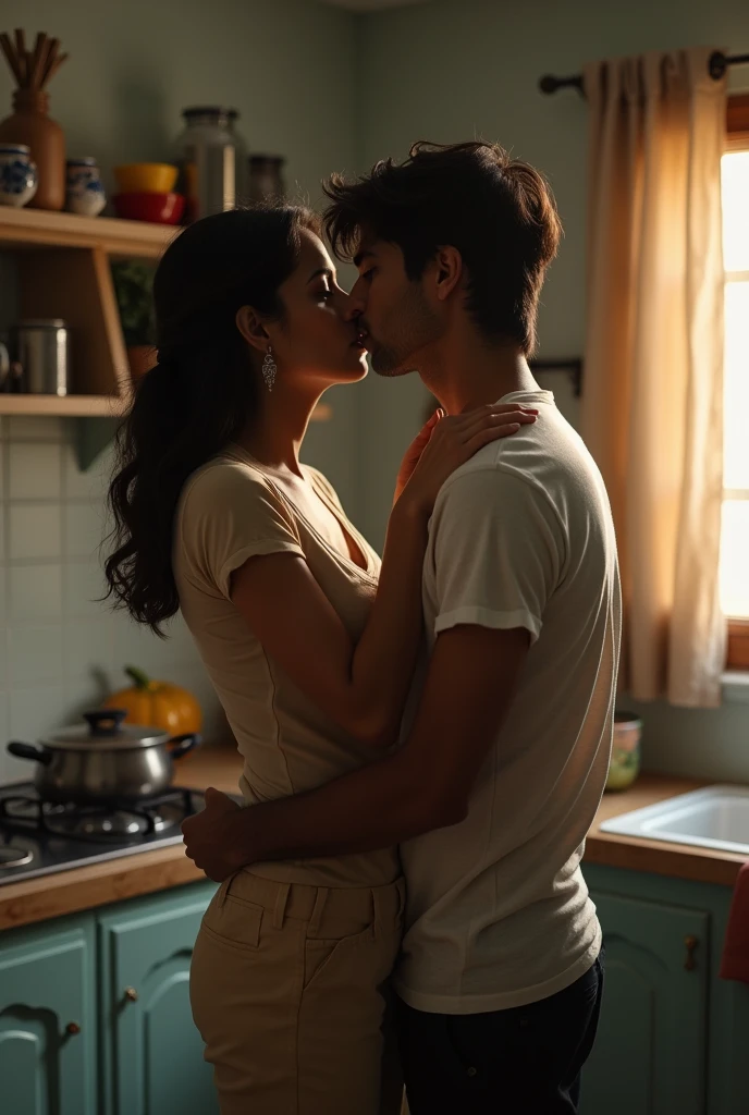Indian 40 year old tall woman wears tshirt and slacks lip kissing with and Indian boy, in the kitchen.