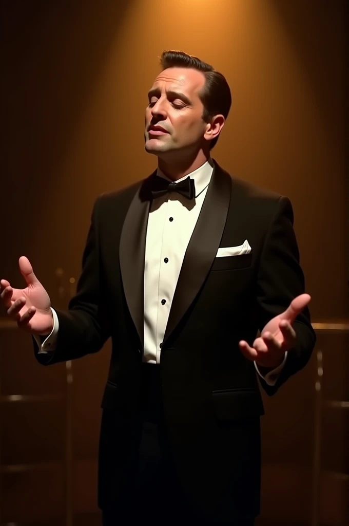 Former very handsome swing singer with a noticesable nose of the late 50’s in a tuxedo singing acapella in a tuxedo