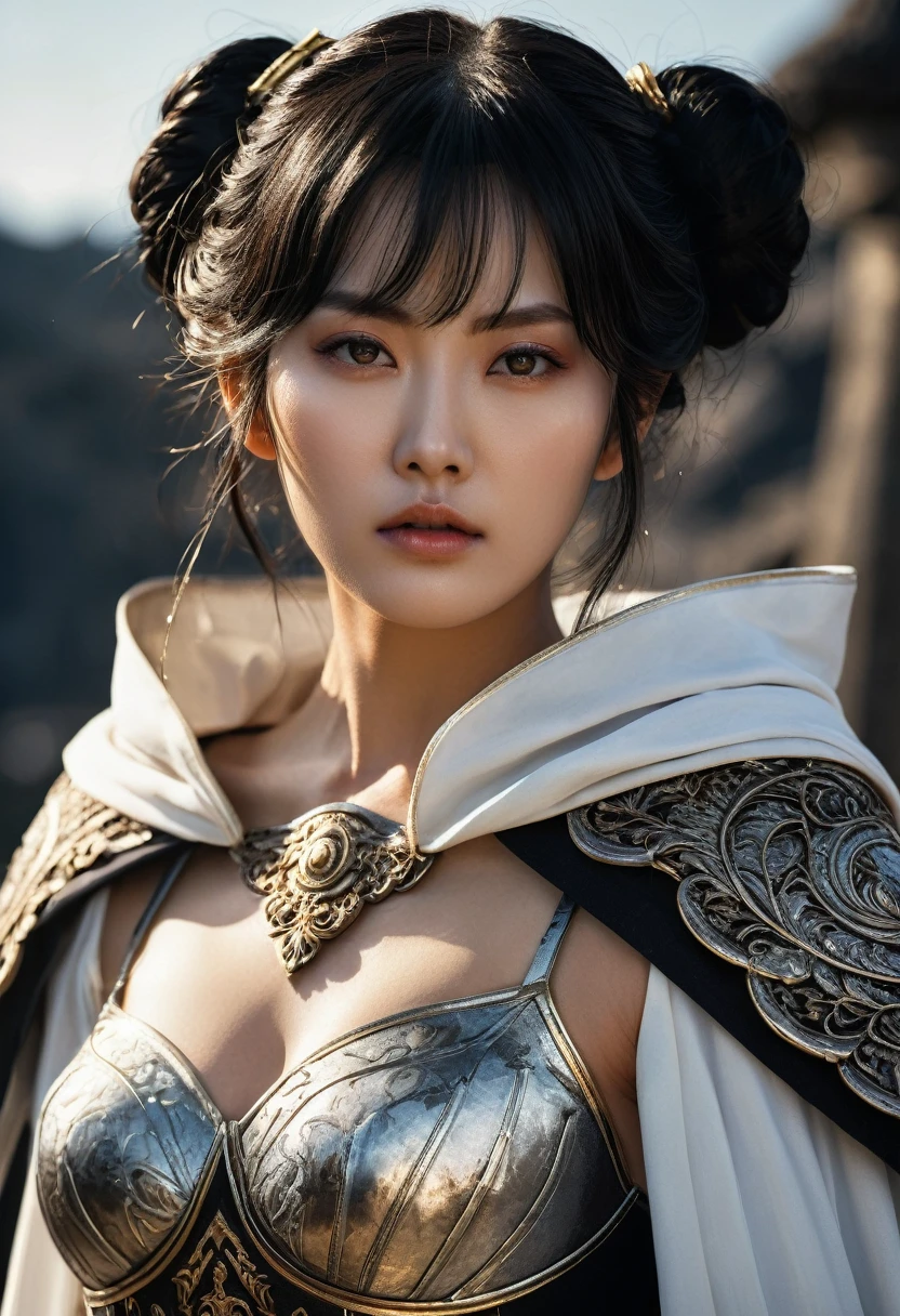 genius extremely beautiful idol lady Keiko, horizontal French twist hair, black hair, subtle makeup, golden hour, photorealistic, high contrast, 8k HD, detailed, hyper-detailed, realistic skin texture, medium breast, best quality, ultra high res, raw photo, dramatic lighting, unreal engine, diffuse glow intricate silver eaba, white imperial cape, spear, sword, no helm, intricate details High Quality, 8k, Realistic, Ultra-Detailed, Dramatic Lighting, Soft Focus, Digital Illustration, Intense Expression, Strong Gaze, Intense Emotion, Complex Mechanics, Advanced Technology, Dark Background, Cinematic, High Contrast, Moody, Strict, Atmosphere, (Best Quality, 4k, 8k, High Definition, Masterpiece: 1. 2 ), ultra-detailed, (realistic, graphic, photorealistic:1.37) --no glass