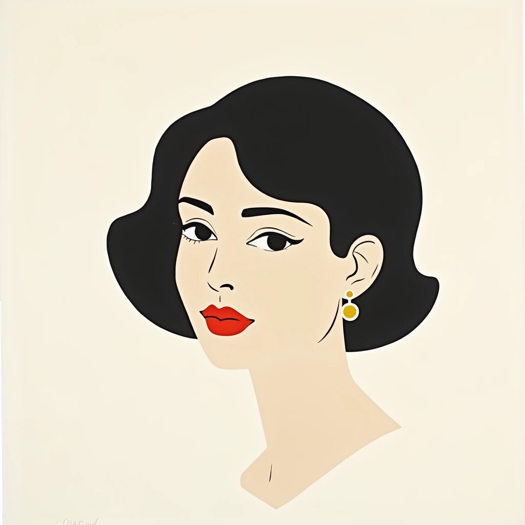 A minimalist mid-century modern abstract illustration of a woman's face by Judy Chicago. The illustration is in a medium shot with the woman looking straight ahead. The background is white. The woman's hair is styled in a bob and she is wearing earrings.