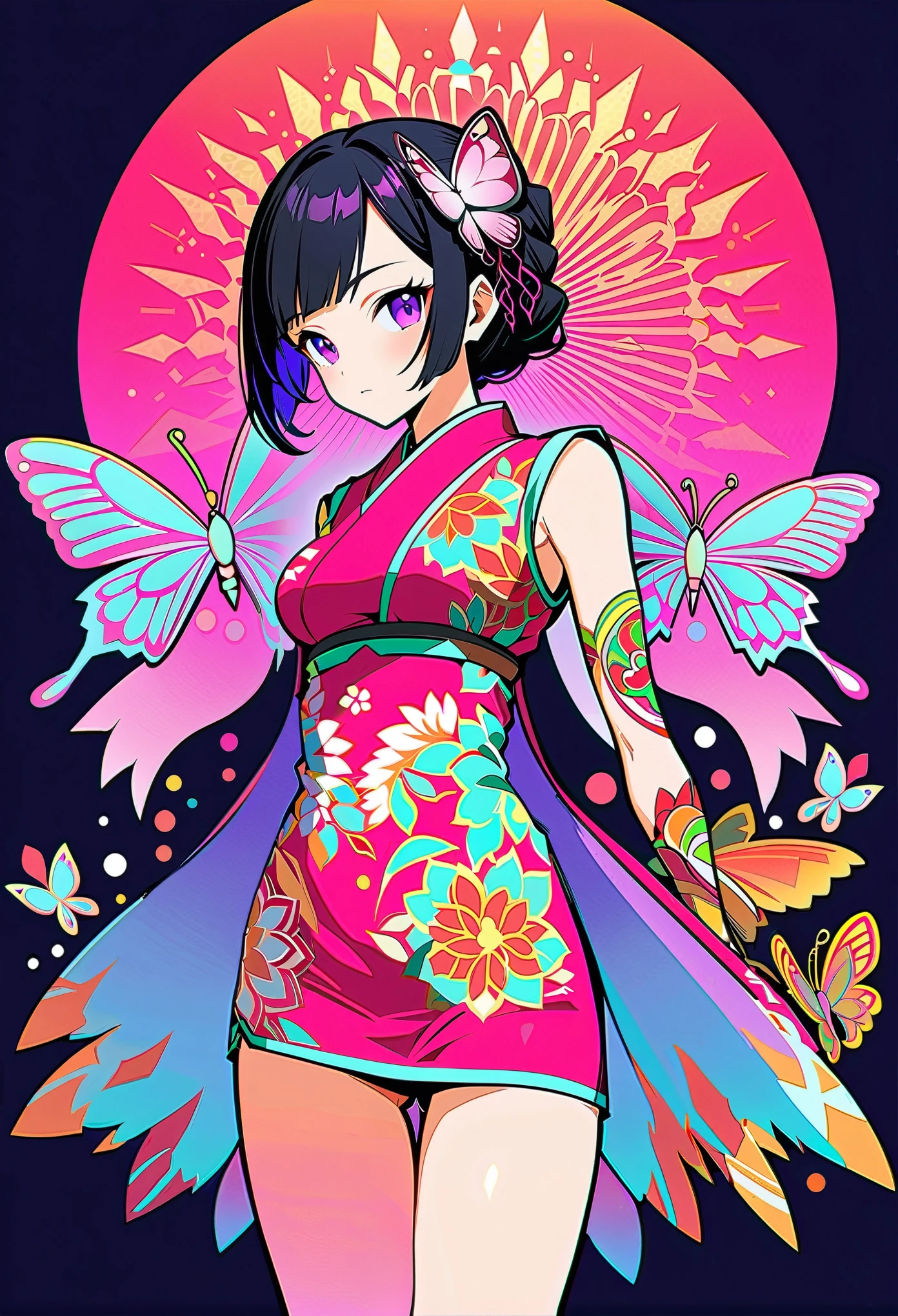 A mesmerizing surreal illustration of a young japanese woman resembling Shinobu Kouchou. She has black hair, purple eyes, a butterfly hair ornament, and wears a vibrant pastel colored outfit adorned with intricate floral patterns. She has a smooth, warm complexion, and bold, colorful tattoos cover her arms and legs. The tattoos feature traditional Japanese motifs like flowers and mythical creatures, rendered with meticulous detail in a pastel color palette. The background is a vintage floral-patterned wallpaper that complements the artwork's colors. The line work is precise, with delicate shading that gives the illustration a 3D quality. The artwork fuses modern illustration techniques with traditional Japanese aesthetics, resulting in a visually striking, portrait, Shinobu_Kocho, butterfly_hairpiece, multicolored_hair, purple_hair, black_hair, medium breasts, slender, arms behind back, 
