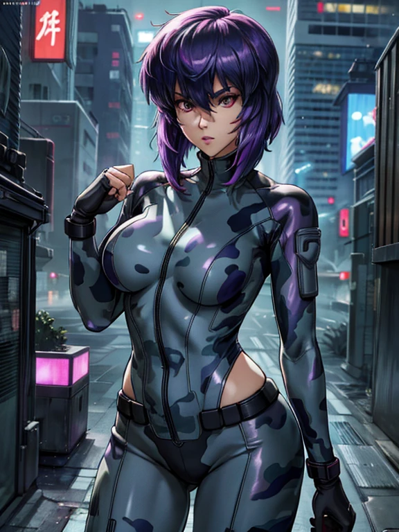 Ghost in the Shell, Motoko Kusanagi, Purple short bob cut, Hair between the eyes, Slightly asymmetrical bangs, ((Optical Camouflage Suit, Optical camouflage suit from the neck down)), Jump up into the sky, view From above, The background is Tokyo's buildings at night, Reflective and shiny, ((Night Scenery)), Lots of window lights, Glitching, glitch, ((masterpiece, best quality, high resolution))