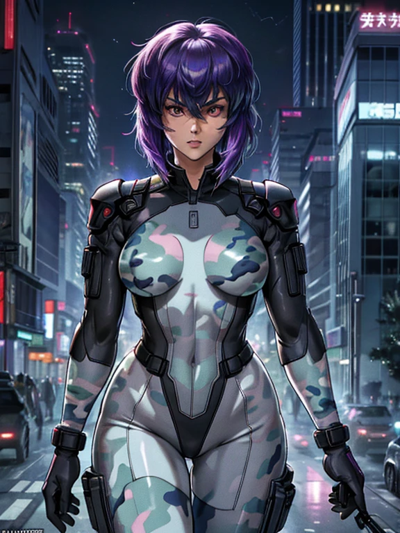 Ghost in the Shell, Motoko Kusanagi, Purple short bob cut, Hair between the eyes, Slightly asymmetrical bangs, ((Optical Camouflage Suit, Optical camouflage suit from the neck down)), Jump up into the sky, view From above, The background is Tokyo's buildings at night, Reflective and shiny, ((Night Scenery)), Lots of window lights, ((masterpiece, best quality, high resolution))