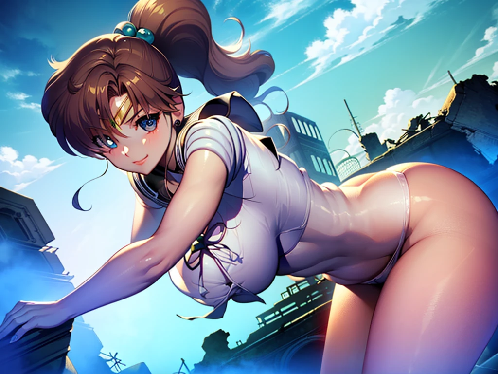 Highest quality, High resolution,((Sailor Jupiter)), One Girl, single, alone, Beauty, bangs, Brown Hair,Long ponytail)), ((Brown eyes, Beautiful eyelashes, )), (( Super anime CG style)), Big Breasts, Dynamic Angle, Perfect body, ((とても恥ずかしいパニックsmile、Look back and see this,Sticking out her butt,(I can see the whole butt)、(White lace sheer panties)、tall、No sleeve,The ruins in the background are very beautiful,Big eyes,(High definition and very beautiful eyes).smile,Deep green ultra-mini skirt,Looking up at the butt,Jupiter,