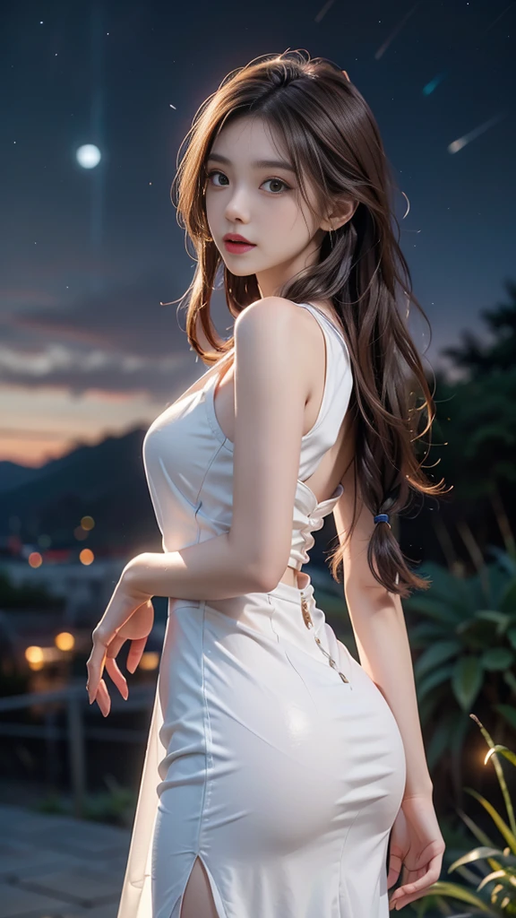 ulzzang-6500-v1.1, (RAW photo: 1.2), (Real photo), (Real photo: 1.4), 1 girl、Perfect anatomy、1、Looking at the camera、Medium length hair、side braids, white dress, in a surreal royal garden, under the starry night sky, ((starry night: 1.1))、(Business service)、Asian eyes Ella,