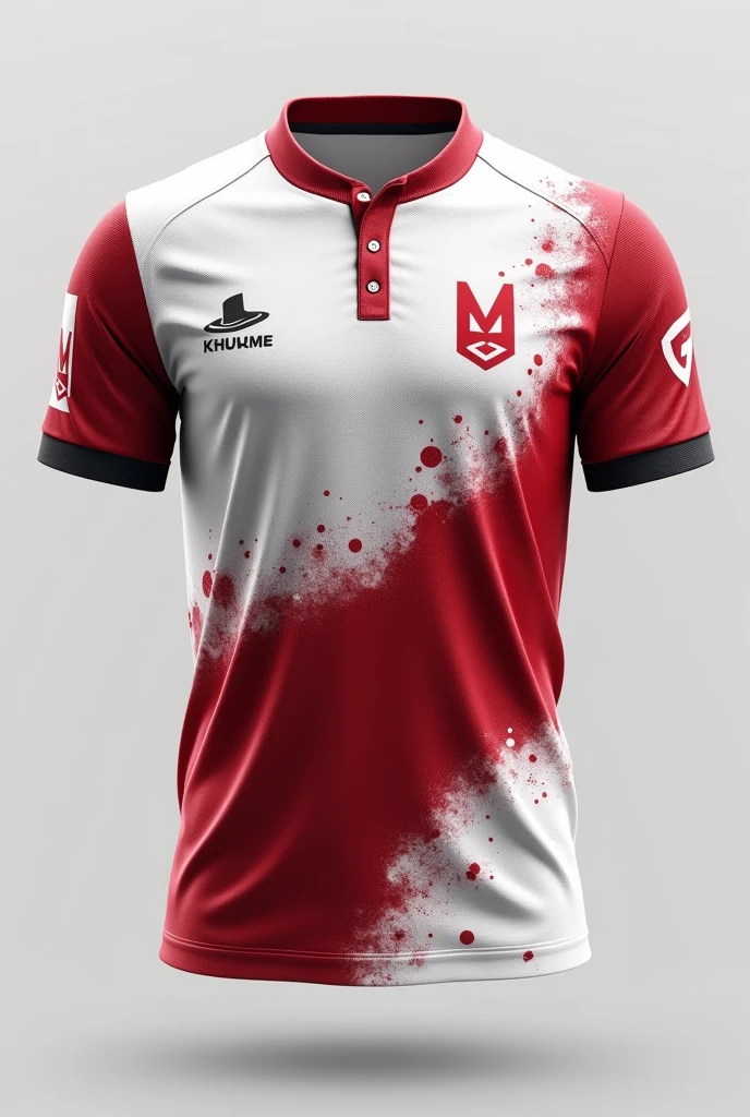 Here’s a streamlined concept for the esports jersey:

Front:

Base Color: White.
Dark Red Spray: Applied centrally with a fading effect.
Logo: “Fs” in dark red on the top right chest.
Team Name: “Fury Soldiers” in bold, dark red centered.
Khukuri Overlay: khukuri silhouette in the background a a desgine 
Buttons: Two dark red buttons on the collar.
Accents: Dark red trim on sleeves and col