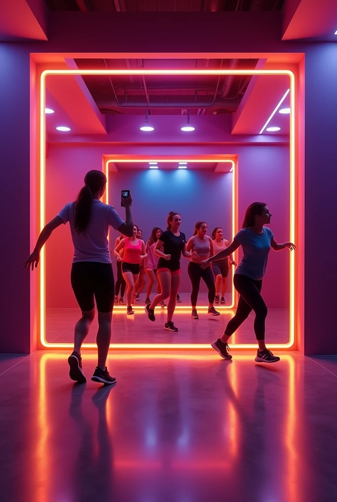 Zumba hall with one side as purple, front wall with mirror and yellow LED lights around the zumba hall