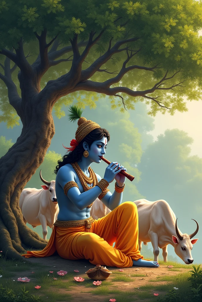 Krishna ji playing flute while sitting in the ground under the tree and 7 cows are grazing arround him.