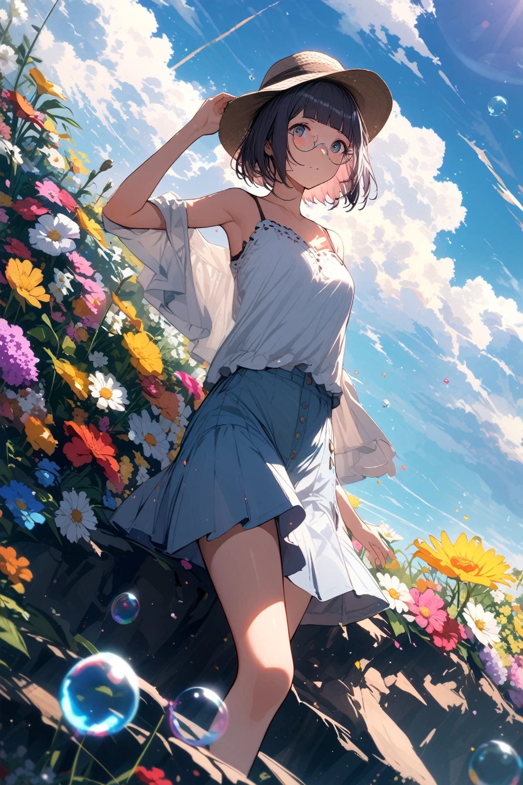 (extremely detailed fine touch:1.3), girl, solo, alone, 2.5d, (((silver semi-rimless round eyewear:1.3))), short hair, smooth hair, blunt bangs, look up sun, hand on own head, from below, bucket hat, camisole, on the cliff, flower garden, sea, cumulonimbus, flying fish, soap bubble, petals dance in the wind