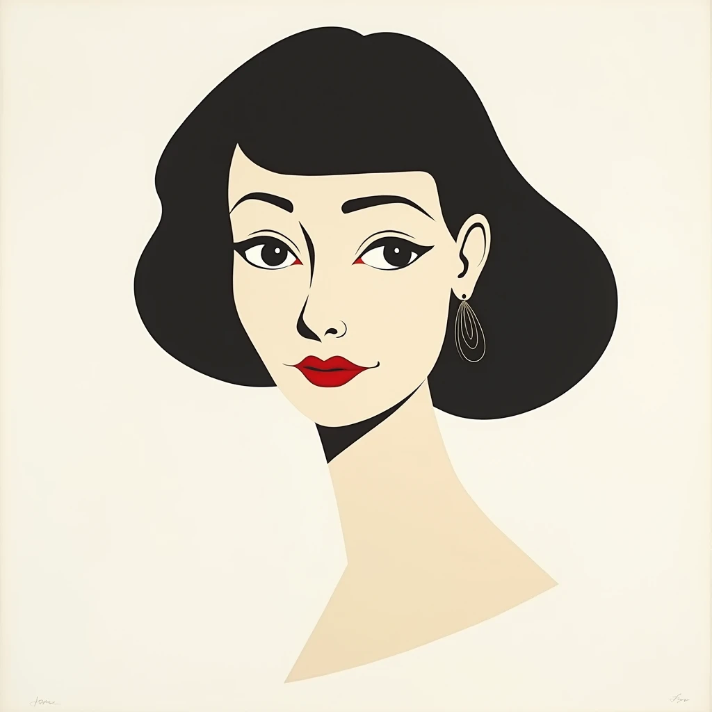 A minimalist mid-century modern abstract illustration of a woman's face by Judy Chicago. The illustration is in a medium shot with the woman looking straight ahead. The background is white. The woman's hair is styled in a bob and she is wearing earrings.