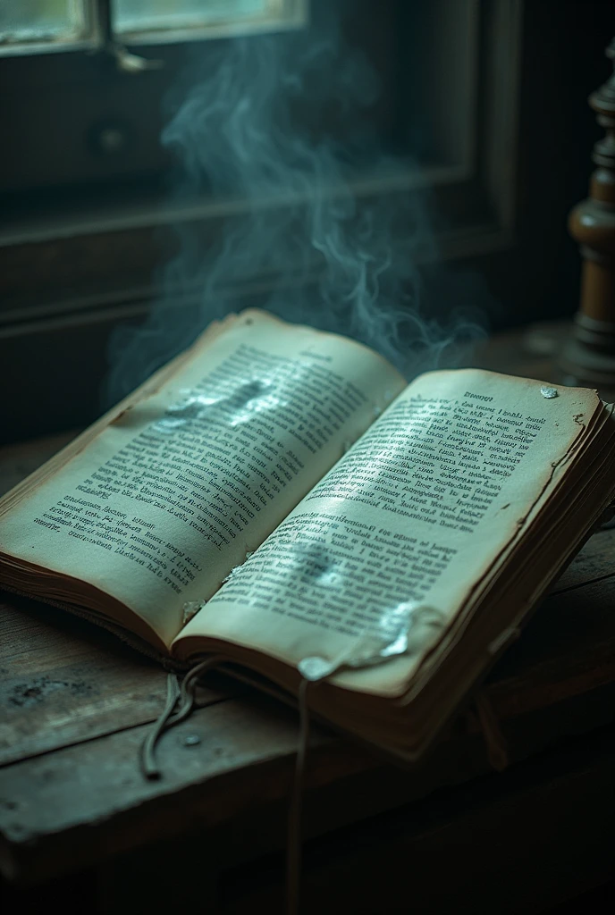 The moment when the journal’s text starts to twist and change, with ghostly figures or faces subtly emerging from the pages.