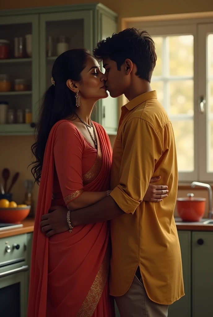 Indian 40 year old tall woman wears kurta and slacks lip kissing with and Indian  boy, in the kitchen.