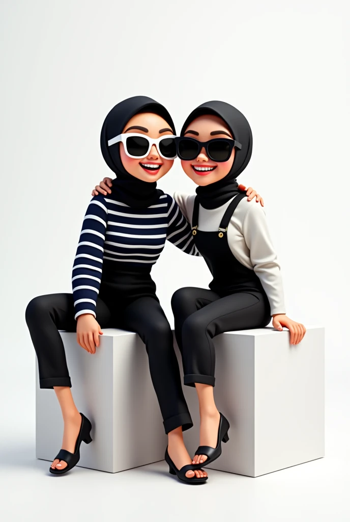 there are two women taking a studio photo. the woman on the left is sitting on a white block stand wearing a black hijab, a navy striped shirt, and black pants with her right leg stacked on the left. and wearing white framed sunglasses with black glass in a pose hugging the woman next to her from the side
and the woman on her right is sitting on a white block shorter than the woman on her left, wearing a black hijab, black overall pants and a white shirt with black stripes, wearing sunglasses with a pose showing teeth
change in cartoon animation