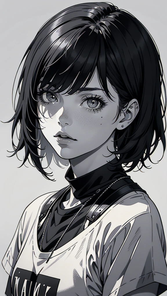 1 woman, alone, monochrome, grayscale, black short hair, portrait, t-shirt, closed mouth, looking at viewer, sketch, graphite \(middle\), small lips, hatching \(group\), Without makeup, upper body, (best illustration), (best quality), (very detailed), (masterpiece), 30s girl, small eyes, bangs,