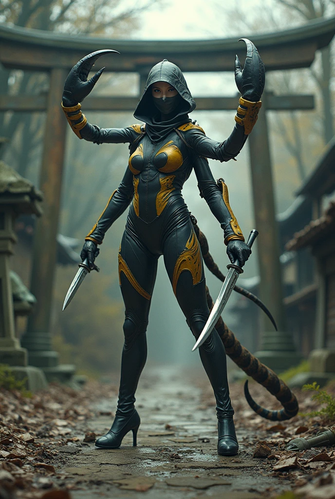 a scorpion girl with six human arms and a tail with a vicious stinger, wearing a black and yellow bodysuit with a cowl, short high heeled boots, and a ninja mask covering her face. Her eyes are vacant and plain white. She is in a fighting stance, wielding kunai and thowing them at the viewer. She stands in an abandoned japanese shrine, with a rotten torii gate, decaying stone statues, and a collapsing Japanese stone lantern