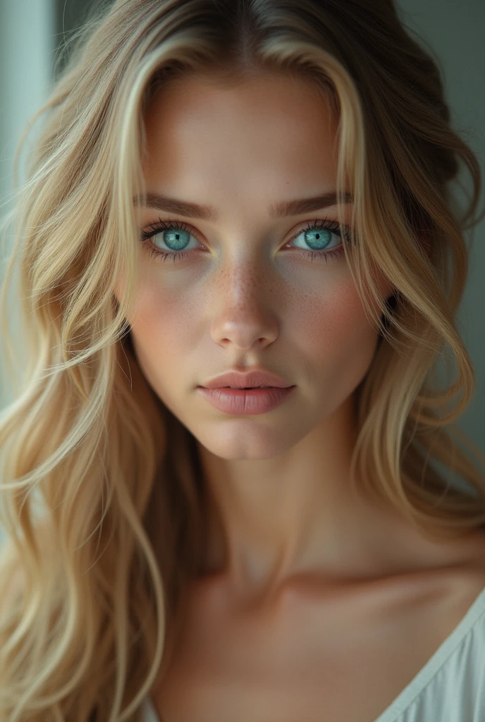 woman , golden hair, Turquoise eyes,Almost realistic,