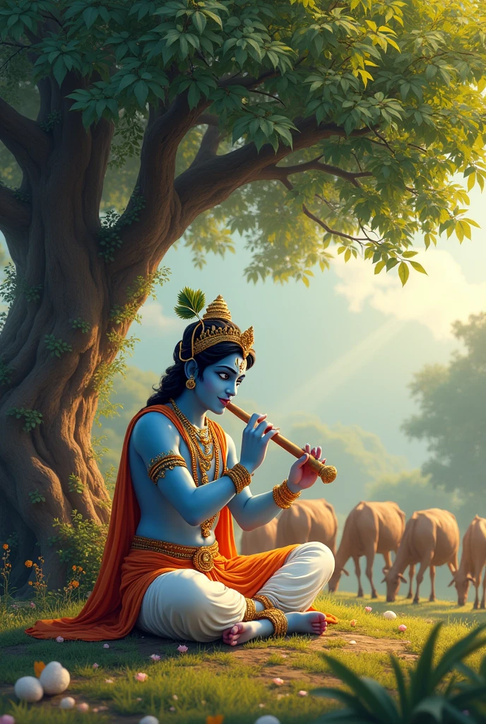 Krishna ji playing flute while sitting in the ground under the tree and 7 cows are grazing arround him.