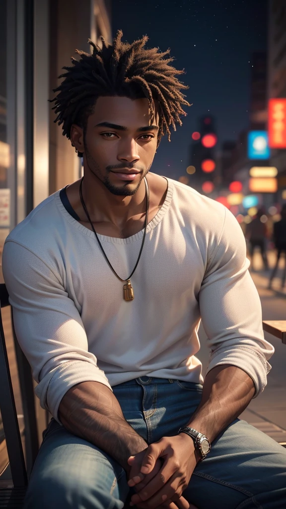 In the ultra-high-definition, 8k photorealistic image, an African American male is depicted sitting alone in a public setting, daydreaming with a slight smile. The man exudes a sense of tranquility, with his dark skin glowing under the romantic background of city night lights. Every detail is captured flawlessly, from the strands of his hair to the creases in his clothing. The image is so lifelike that it almost seems as though the man could step out of the frame. With vibrant colors and stunning clarity, this captivating portrait invites viewers to immerse themselves in the beauty of the moment.