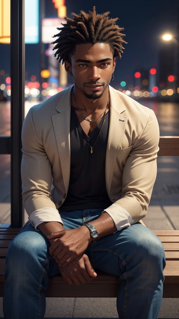 In the ultra-high-definition, 8k photorealistic image, an African American male is depicted sitting alone in a public setting, daydreaming with a slight smile. The man exudes a sense of tranquility, with his dark skin glowing under the romantic background of city night lights. Every detail is captured flawlessly, from the strands of his hair to the creases in his clothing. The image is so lifelike that it almost seems as though the man could step out of the frame. With vibrant colors and stunning clarity, this captivating portrait invites viewers to immerse themselves in the beauty of the moment.