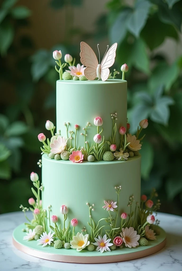 Can you make a 2 tier sage green cake and make it like a fairy cake with flowers, butterfly,garden design and aesthetic 