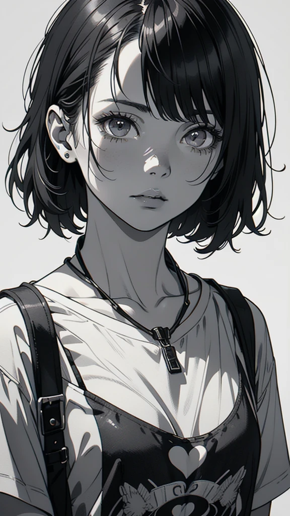 1 boyish girl, solo, sharp eyes, monochrome, greyscale, short black hair, portrait, T-shirt, closed mouth, looking at viewer, graphite \(medium\), detailed lips, hatching \(texture\), without makeup, bangs, upper body, (best illustration), (best quality), (very detailed), (masterpiece), expressionless,