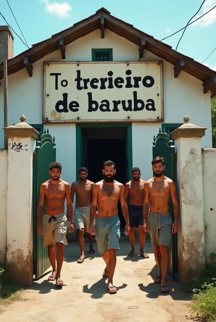 there is a building, door closed, all walled around with a white wall, with a sign written in large letters “TERREIRO DE BARUBA”, 真实感, frontal image, House, Location ( shanty town _ wand ), listing image, Location ( shanty town ), clean image, centre image, photo realist, deep image, outside view, Description, one House, colonial House in background, with young bearded men coming in and out, wearing no shirt, with shorts and flip flops.