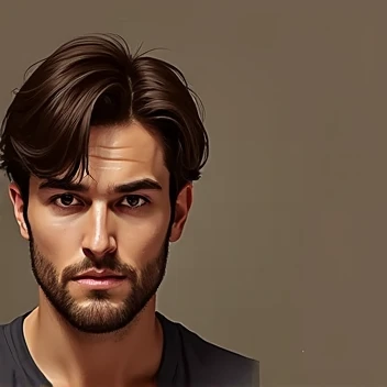 Brown haired man, black eyes sitting serious