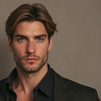 Brown haired man, black eyes sitting serious