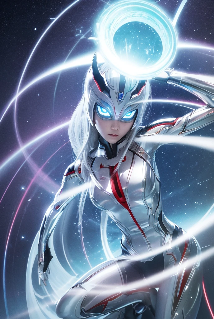 From within the vortex of light、Enter with your fist raised、A female alien with a silver body and red lines、Female Ultraman、The body is transparent