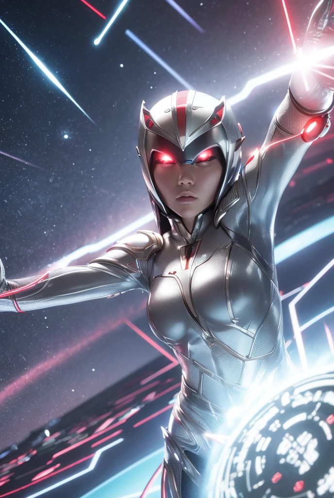 From within the vortex of light、Enter with your fist raised、A female alien with a silver body and red lines、Female Ultraman、The body is transparent