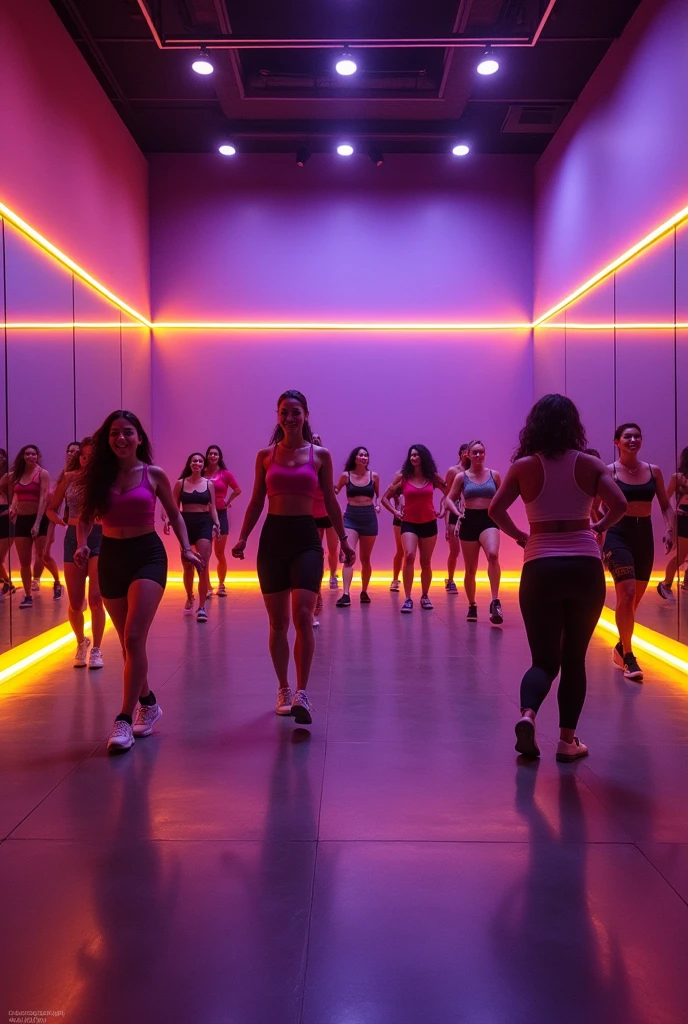 Wide Zumba hall with one side as purple, front wall with mirror and yellow LED lights around the zumba hall