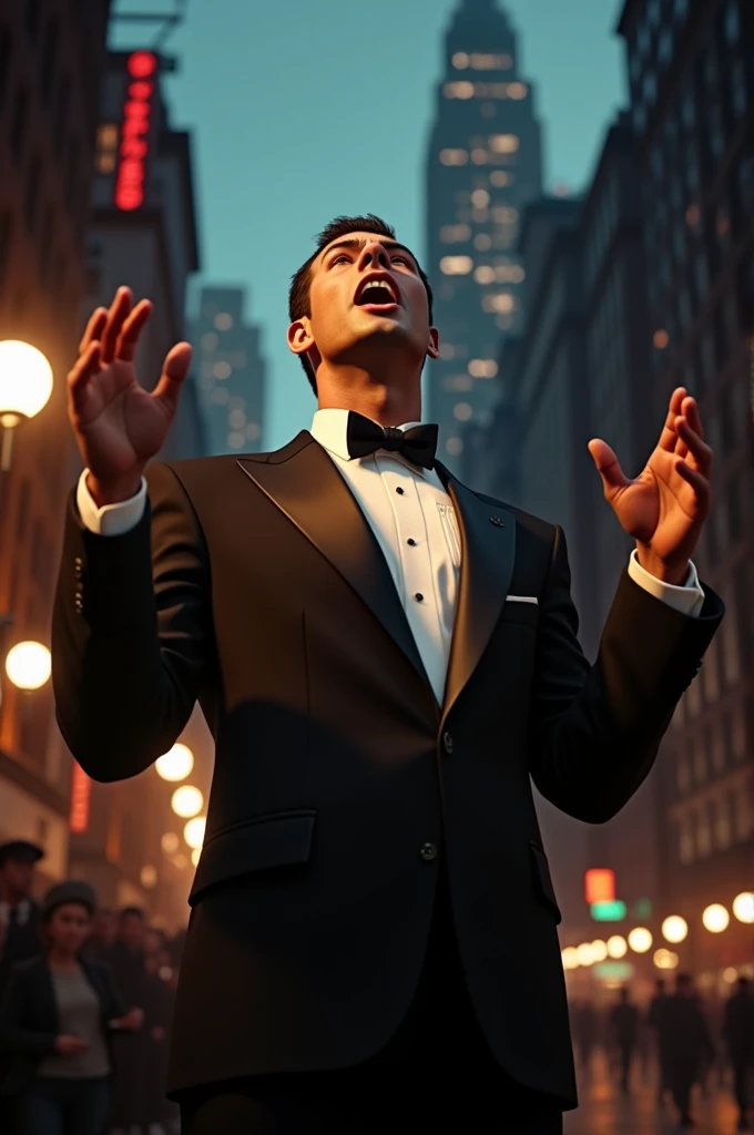 Former very handsome swing singer with a noticesable nose of the late 50’s in a tuxedo singing acapella in a tuxedo in nyc