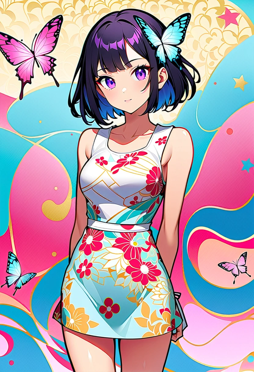 A mesmerizing surreal illustration of a young japanese woman resembling Shinobu Kouchou. She  wears a vibrant pastel colored outfit adorned with intricate floral patterns. She has a smooth, warm complexion, and bold, colorful tattoos cover her arms and legs. The tattoos feature traditional Japanese motifs like flowers and mythical creatures, rendered with meticulous detail in a pastel color palette. The background is a vintage floral-patterned wallpaper that complements the artwork's colors. The line work is precise, with delicate shading that gives the illustration a 3D quality. The artwork fuses modern illustration techniques with traditional Japanese aesthetics, resulting in a visually striking, portrait, Shinobu_Kocho, butterfly_hairpiece, multicolored_hair, purple_hair, black_hair, medium breasts, slender, arms behind back, 
